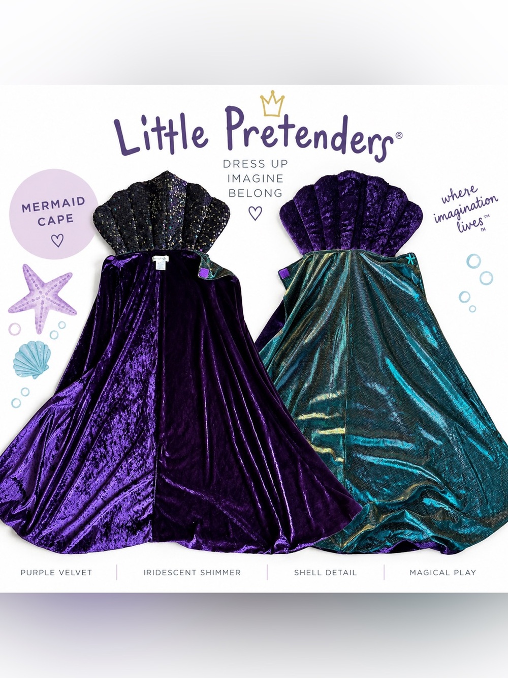 Little Pretenders Mermaid Cape Purple Velvet Teal Shimmer Sequin Shell Costume